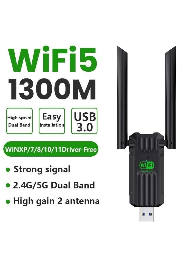 شابية محول واي فاي USB، محول شبكة لاسلكي ثنائي النطاق 5G/2.4G USB 3.0 بسرعة 1300 ميجابت في الثانية لأجهزة الكمبيوتر المكتبية والمحمولة، هوائيات مزدوجة 2dBi، يدعم أنظمة التشغيل Windows 11/10/8.1/8/7 - Image 1