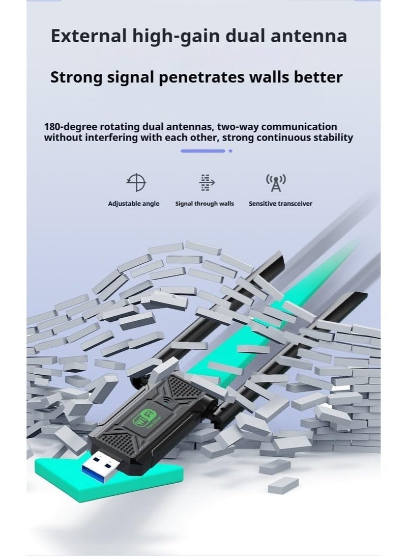 شابية محول واي فاي USB، محول شبكة لاسلكي ثنائي النطاق 5G/2.4G USB 3.0 بسرعة 1300 ميجابت في الثانية لأجهزة الكمبيوتر المكتبية والمحمولة، هوائيات مزدوجة 2dBi، يدعم أنظمة التشغيل Windows 11/10/8.1/8/7 - Image 5