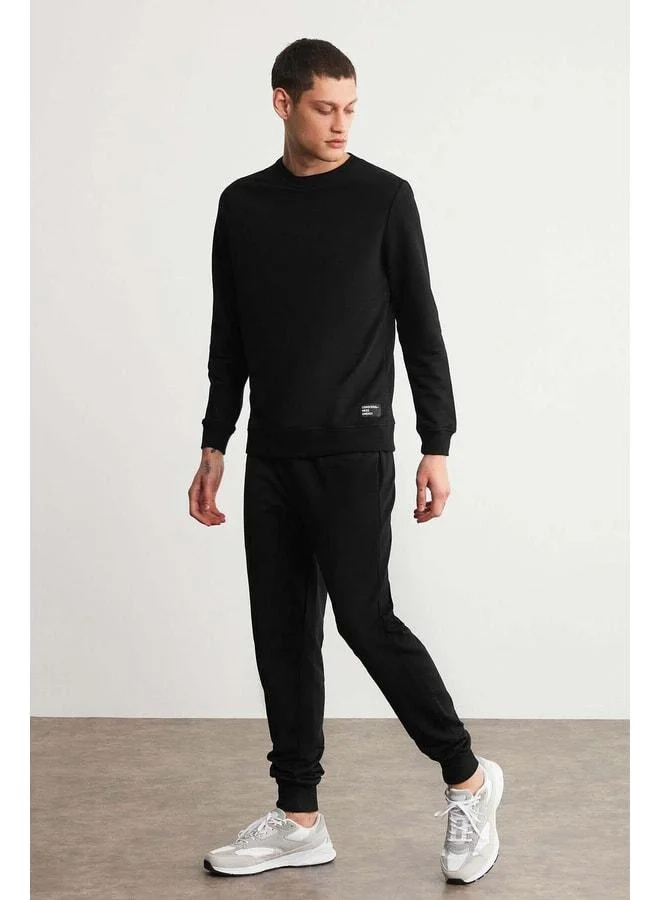 GRIMELANGE Fabian Men's Organic Cotton Jogger with Ribbed Front, Fleece Lining, Pocketed, Black Sweatpants.