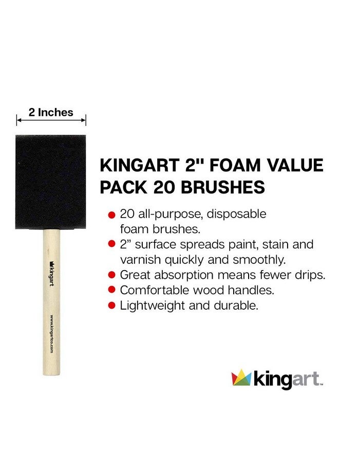 KINGART 242 20 Foam 20 Pc. Value Pack 2" Brush Set Short Wood Handle For Oil Acrylic & Watercolor Paint Great For Crafts Diy Home Projects Hobbies & Group Activities  - Image 2