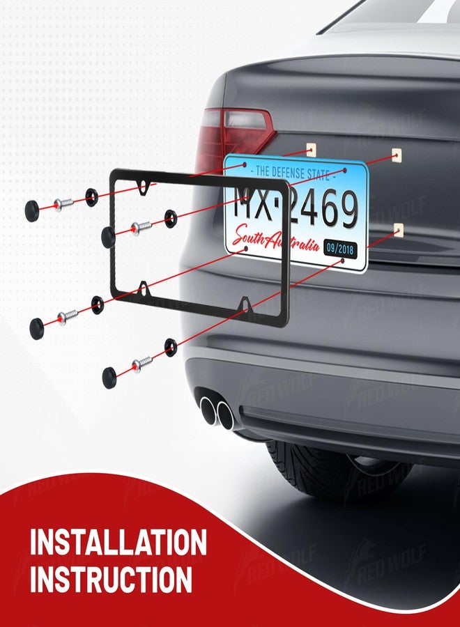 RED WOLF إطار لوحة ترخيص سيارة ريد وولف، غطاء لوحة ترخيص معدني من الفولاذ المقاوم للصدأ، 4 فتحات للتثبيت على المصد الأمامي والخلفي، 12 × 6 بوصة مع ملحقات براغي، وسادة إسفنجية، حشوة نايلون، صامولة، مقاوم للصدأ، أسود، زوج واحد - Image 5
