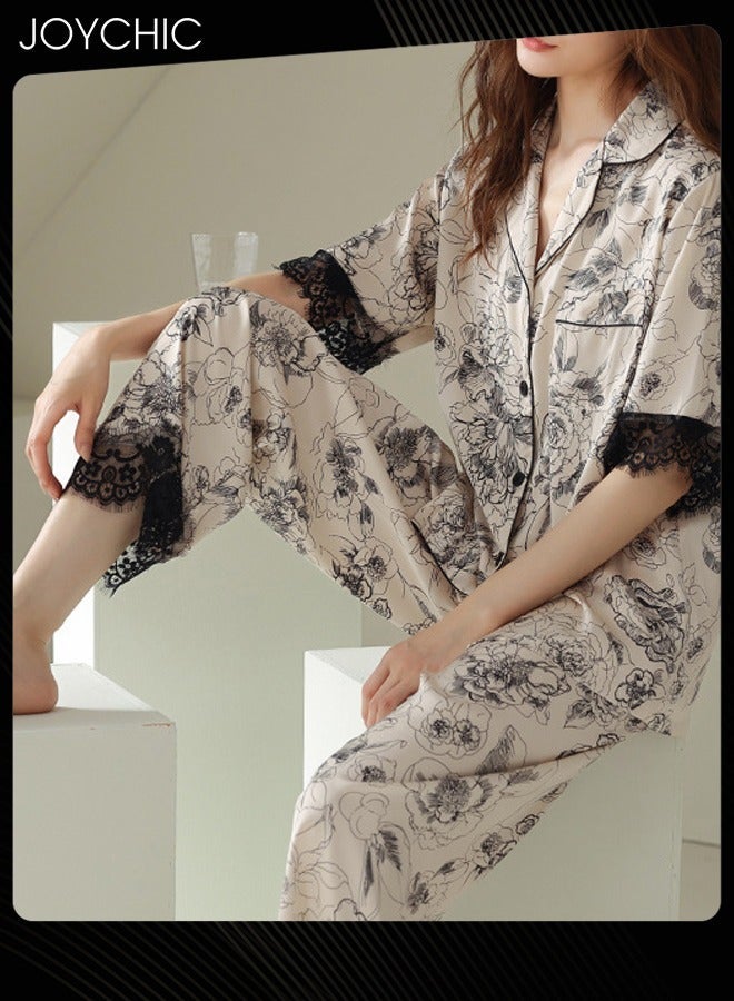 NIBEMINENT 2-piece New Style Graphic Printed Ice Silk Cool and Sweat-absorbent Pajamas for Women Short-sleeved +Trousers Set Spring Summer Autumn Thin Lace Nightgown Ladies Bedroom Sleepwear  - Image 4