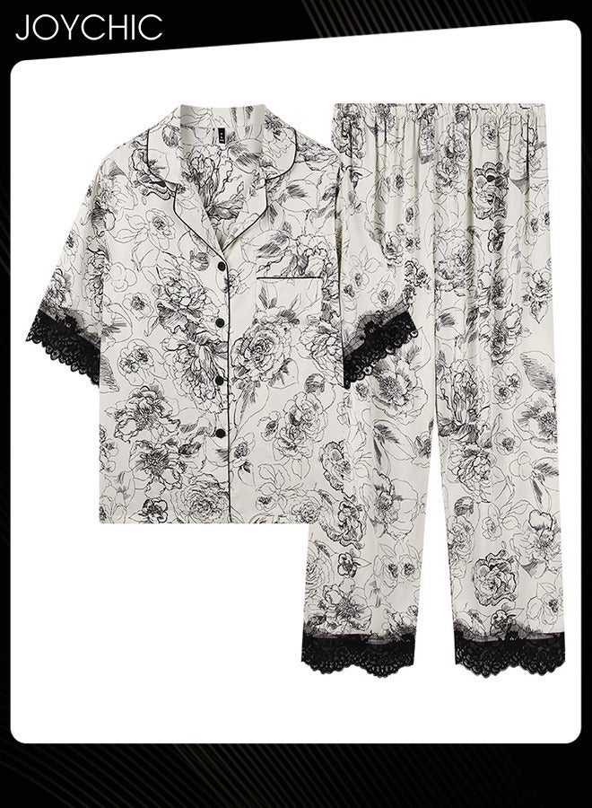 NIBEMINENT 2-piece New Style Graphic Printed Ice Silk Cool and Sweat-absorbent Pajamas for Women Short-sleeved +Trousers Set Spring Summer Autumn Thin Lace Nightgown Ladies Bedroom Sleepwear  - Image 2