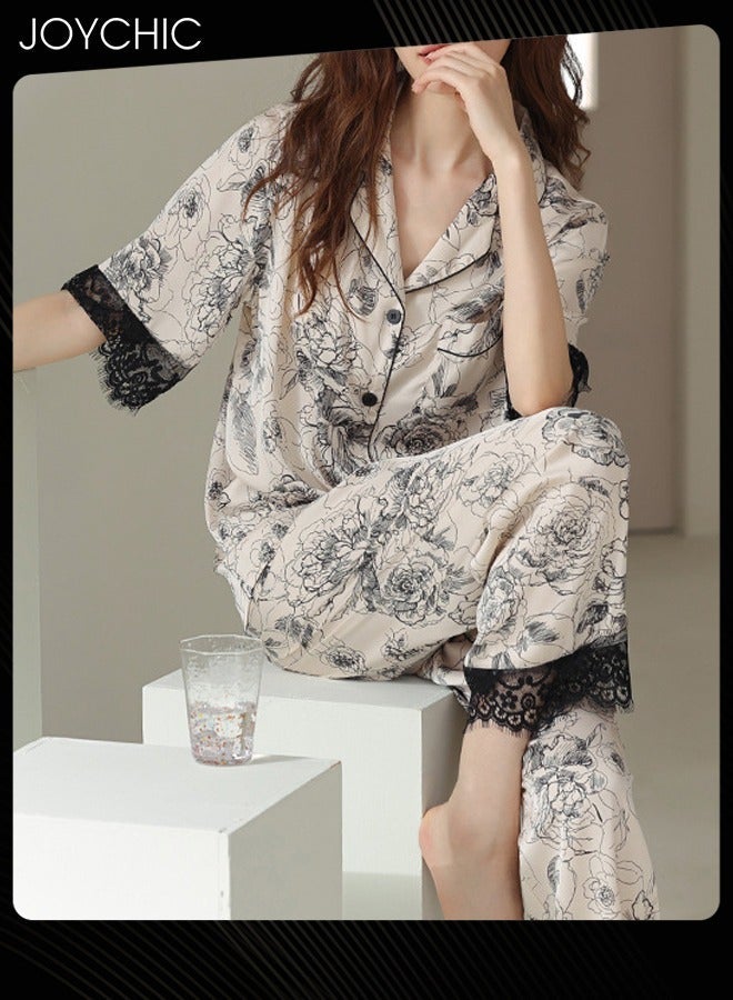 NIBEMINENT 2-piece New Style Graphic Printed Ice Silk Cool and Sweat-absorbent Pajamas for Women Short-sleeved +Trousers Set Spring Summer Autumn Thin Lace Nightgown Ladies Bedroom Sleepwear  - Image 3