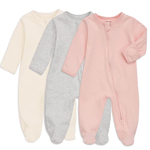 Aablexema Baby Footie Pajama with Mitten Cuffs, Double Zipper Infant Cotton clothes Sleeper Pjs, Footed Sleep Play(Ivory & Grey & Pink,0-3 Months) - Image 1