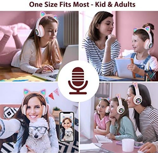 سماعات أطفال بتصميم أذن قطة من  بتقنية البلوتوث 6.0 - إضاءة ليد، حجم صوت آمن، قابلة للطي واسلكية وسلكية - Image 2
