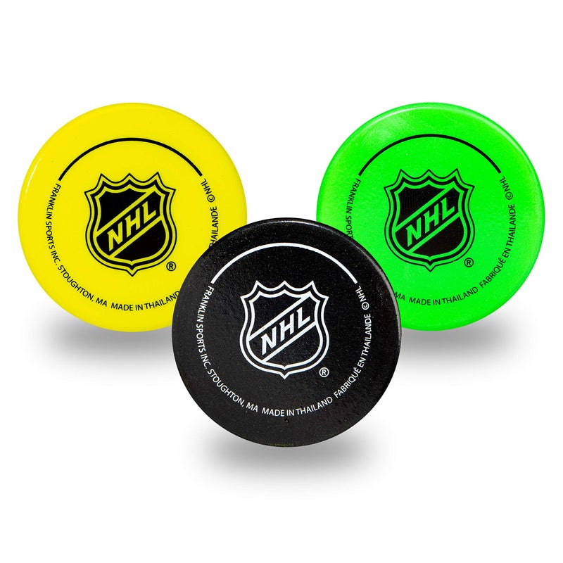 Franklin Sports Mini Foam Hockey Pucks Indoor Knee Hockey Pucks for Kids 3 Soft Foam Pack Assorted Colors - Image 2