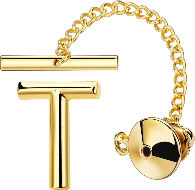 AMITER Men Tie Tack Initial Gold/Silver Tie Pin with Chain Clips for Necktie, Bow Tie & Hat - Image 1