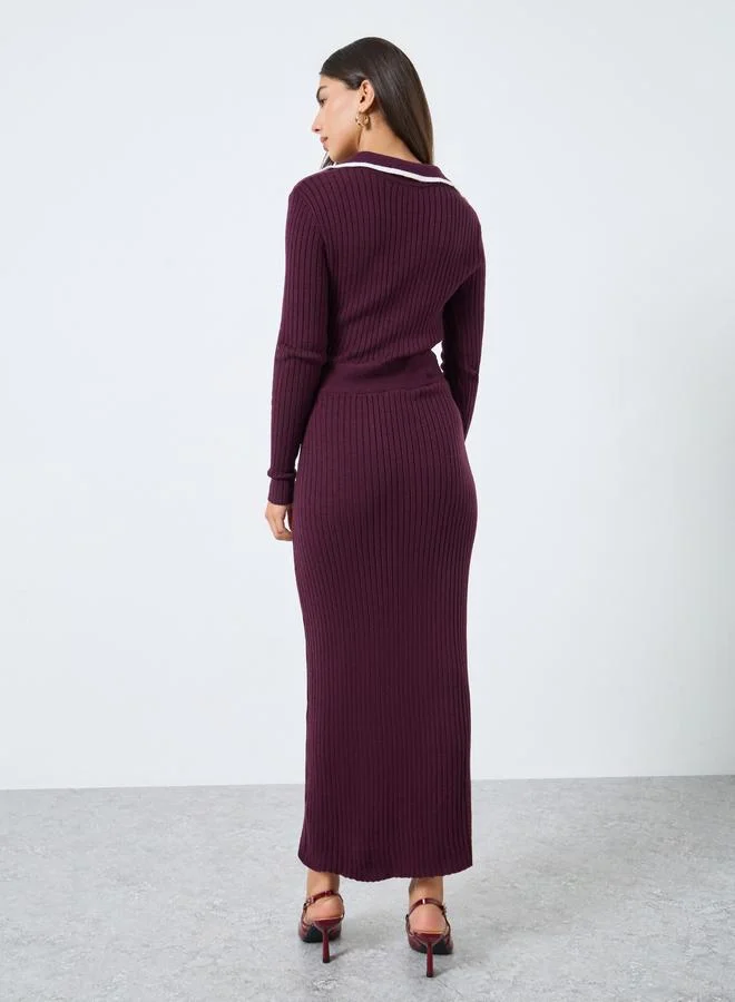Styli Asymmetrical Button Detail Knitted Maxi Dress