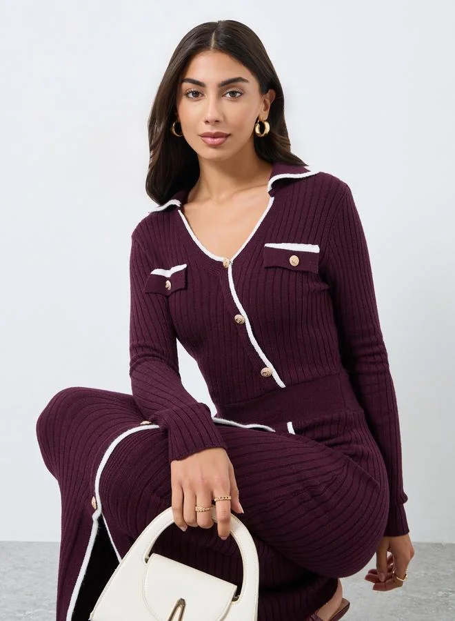 Styli Asymmetrical Button Detail Knitted Maxi Dress