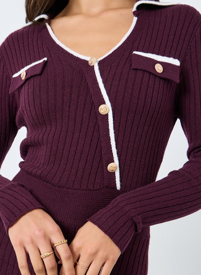 ستايلي فستان طويل محبوك غير متماثل الطول ومزين بأزرار - Image 4