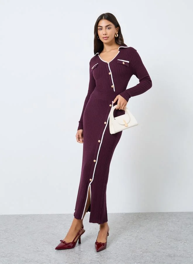 Styli Styli Asymmetrical Button Detail Knitted Maxi Dress