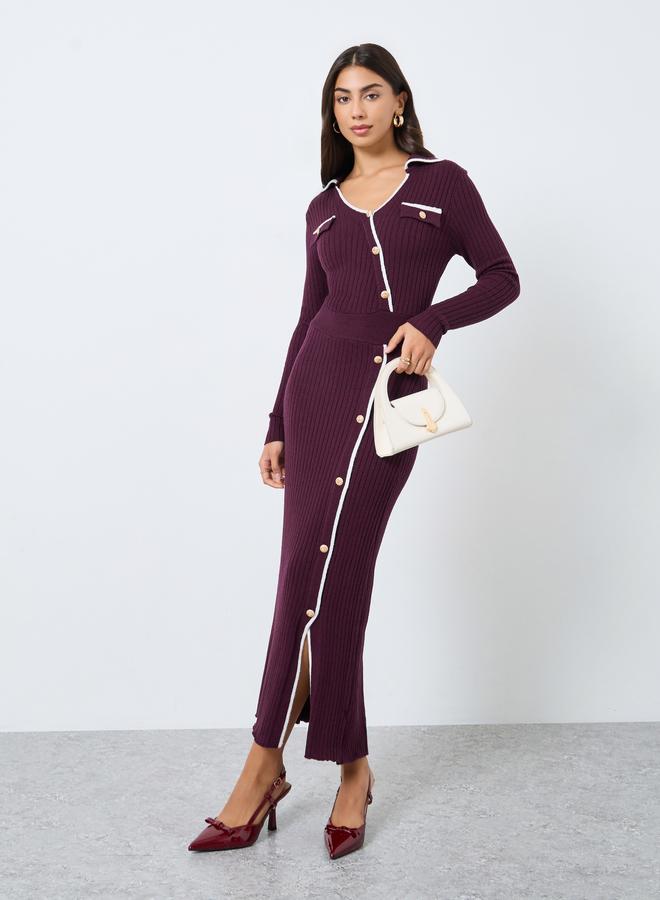 ستايلي فستان طويل محبوك غير متماثل الطول ومزين بأزرار - Image 2