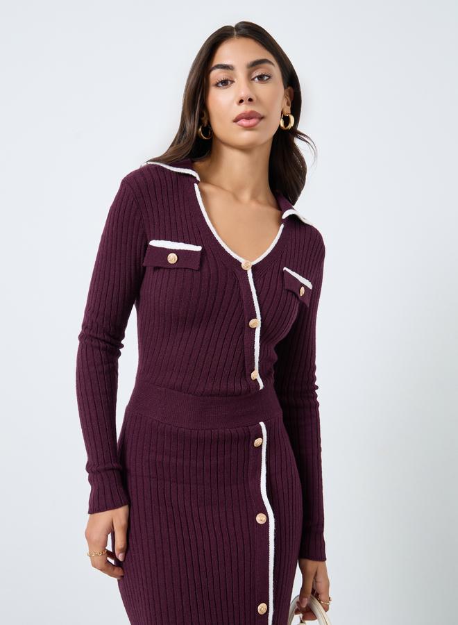 ستايلي فستان طويل محبوك غير متماثل الطول ومزين بأزرار - Image 3