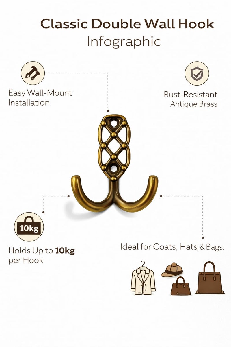 Colornest 2 Pcs Metal Hooks for Wall Heavy Duty Hooks for Hanging, Towel Clothes Hanger for Wall, Bathroom & Kitchen (Antique Brass) - Image 3