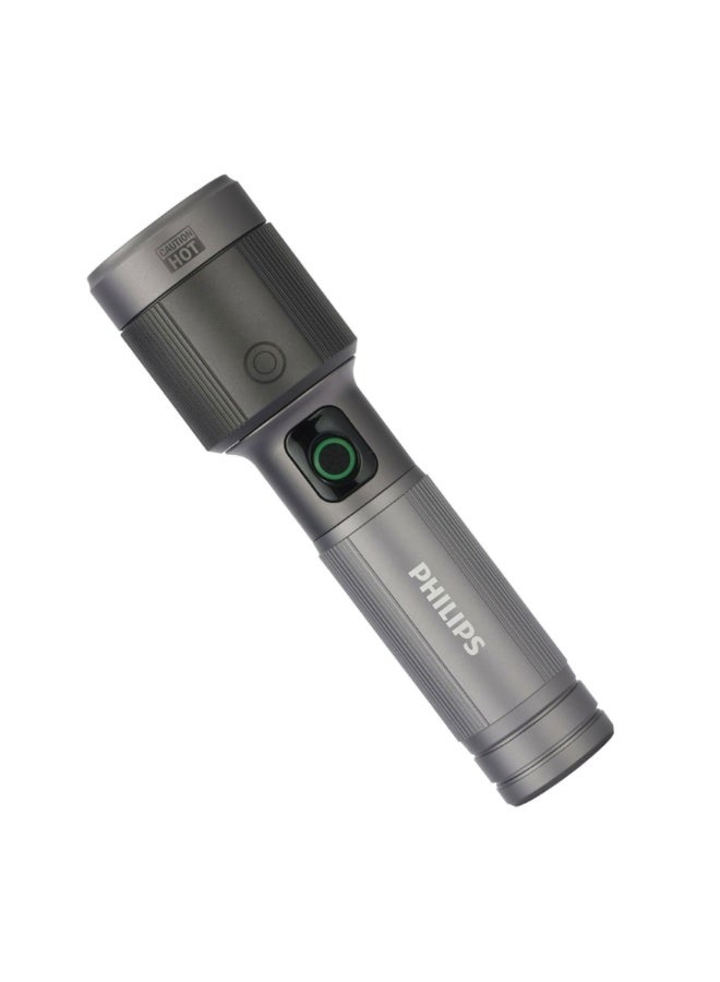 Philips SFL5141 LED Rechargeable Flashlight – 1450 Lumens, 690m Range, Aircraft Aluminium Alloy Build, Telescopic Zoom, 2200mAh Battery, Multiple Modes, Water & Drop Resistant grey - Image 2