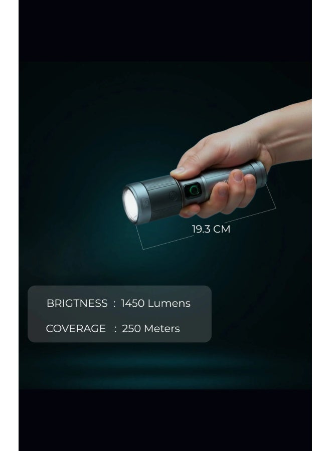 Philips SFL5141 LED Rechargeable Flashlight – 1450 Lumens, 690m Range, Aircraft Aluminium Alloy Build, Telescopic Zoom, 2200mAh Battery, Multiple Modes, Water & Drop Resistant grey - Image 5