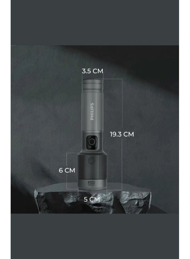 Philips SFL5141 LED Rechargeable Flashlight – 1450 Lumens, 690m Range, Aircraft Aluminium Alloy Build, Telescopic Zoom, 2200mAh Battery, Multiple Modes, Water & Drop Resistant grey - Image 3
