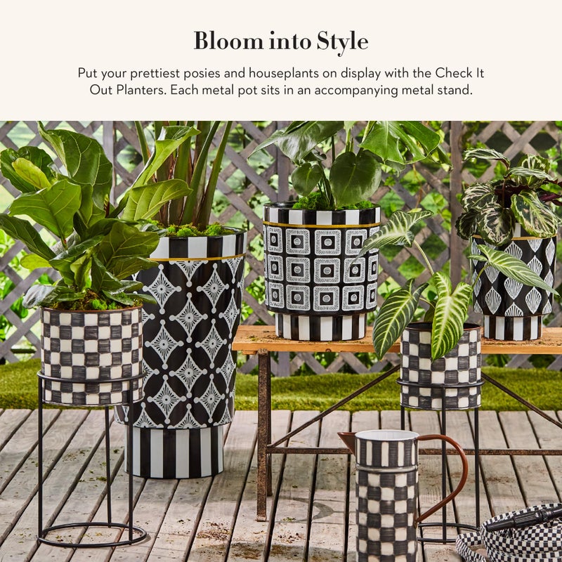 mackenzie childs MACKENZIE-CHILDS Set of 2 Check It Out Metal Planters, Black-and-White Garden Planter - Image 2