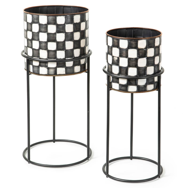 mackenzie childs MACKENZIE-CHILDS Set of 2 Check It Out Metal Planters, Black-and-White Garden Planter - Image 1