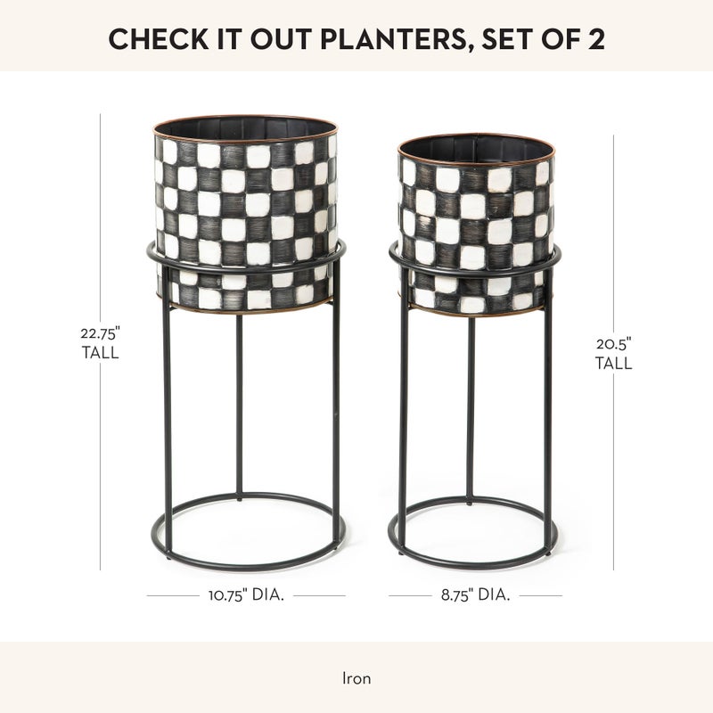 mackenzie childs MACKENZIE-CHILDS Set of 2 Check It Out Metal Planters, Black-and-White Garden Planter - Image 4
