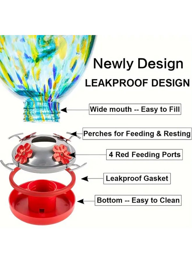 1 Hand Blown Glass Hummingbird Feeder Blue 38 Ounce Nectar Capacity With Perch Hanging Wire And Moat Hook - Image 4