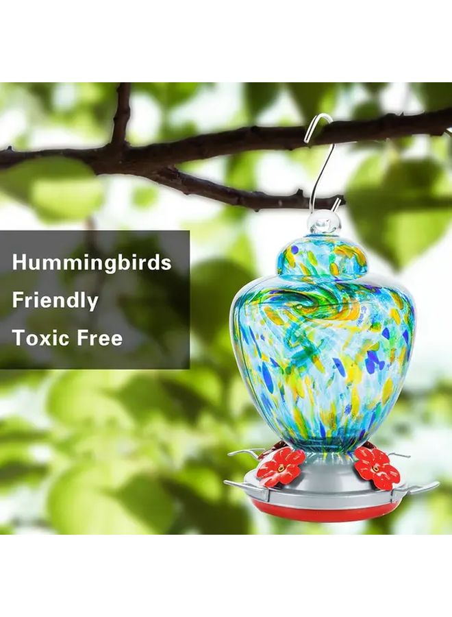 1 Hand Blown Glass Hummingbird Feeder Blue 38 Ounce Nectar Capacity With Perch Hanging Wire And Moat Hook - Image 5