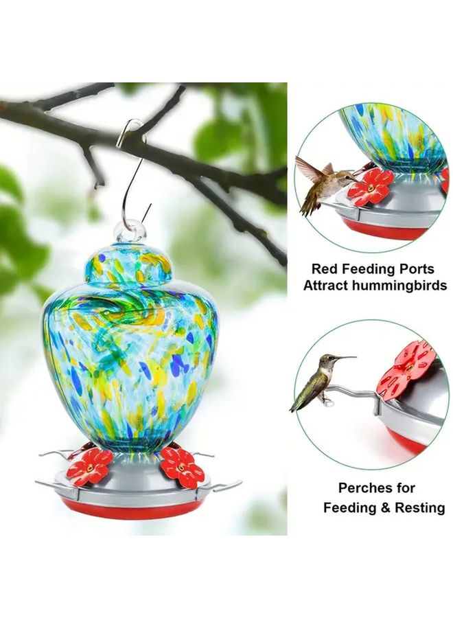 1 Hand Blown Glass Hummingbird Feeder Blue 38 Ounce Nectar Capacity With Perch Hanging Wire And Moat Hook - Image 2