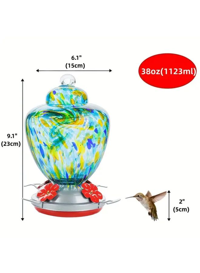 1 Hand Blown Glass Hummingbird Feeder Blue 38 Ounce Nectar Capacity With Perch Hanging Wire And Moat Hook - Image 3