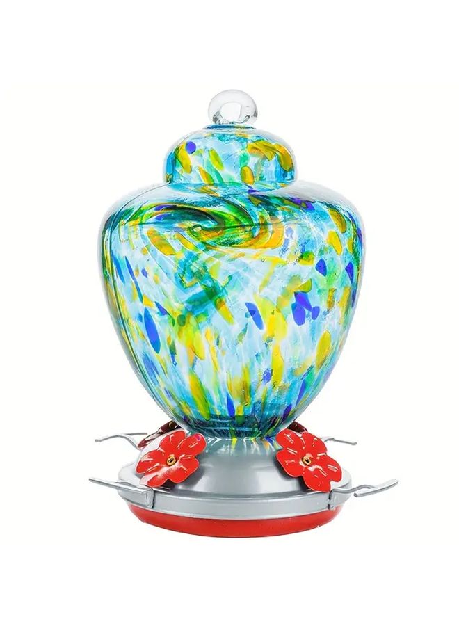 1 Hand Blown Glass Hummingbird Feeder Blue 38 Ounce Nectar Capacity With Perch Hanging Wire And Moat Hook - Image 1