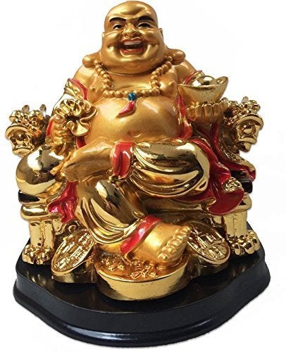 RIPE INDIA Fengshui Laughing Buddha Sitting On Chair with Money Coin for Health and Happiness (Big Size 13 Cm) - Image 1