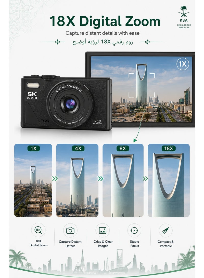 ياتاو كاميرا رقمية 5K بدقة 75 ميجابكسل مع مستشعر Sony CMOS وWiFi ومثبت EIS وتركيز تلقائي وشاشة قابلة للدوران 180 درجة وتقريب رقمي 18X، كاميرا فلوق للمبتدئين مع بطارية واحدة، أسود - Image 3