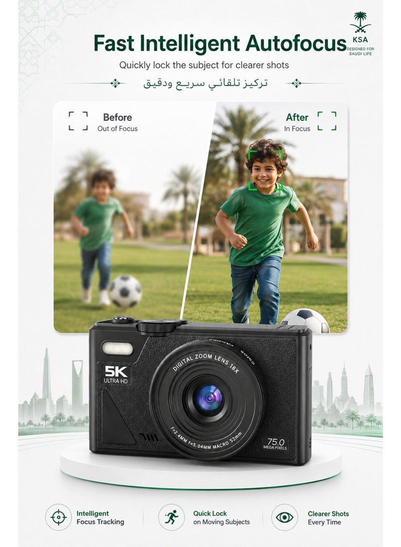 ياتاو كاميرا رقمية 5K بدقة 75 ميجابكسل مع مستشعر Sony CMOS وWiFi ومثبت EIS وتركيز تلقائي وشاشة قابلة للدوران 180 درجة وتقريب رقمي 18X، كاميرا فلوق للمبتدئين مع بطارية واحدة، أسود - Image 4