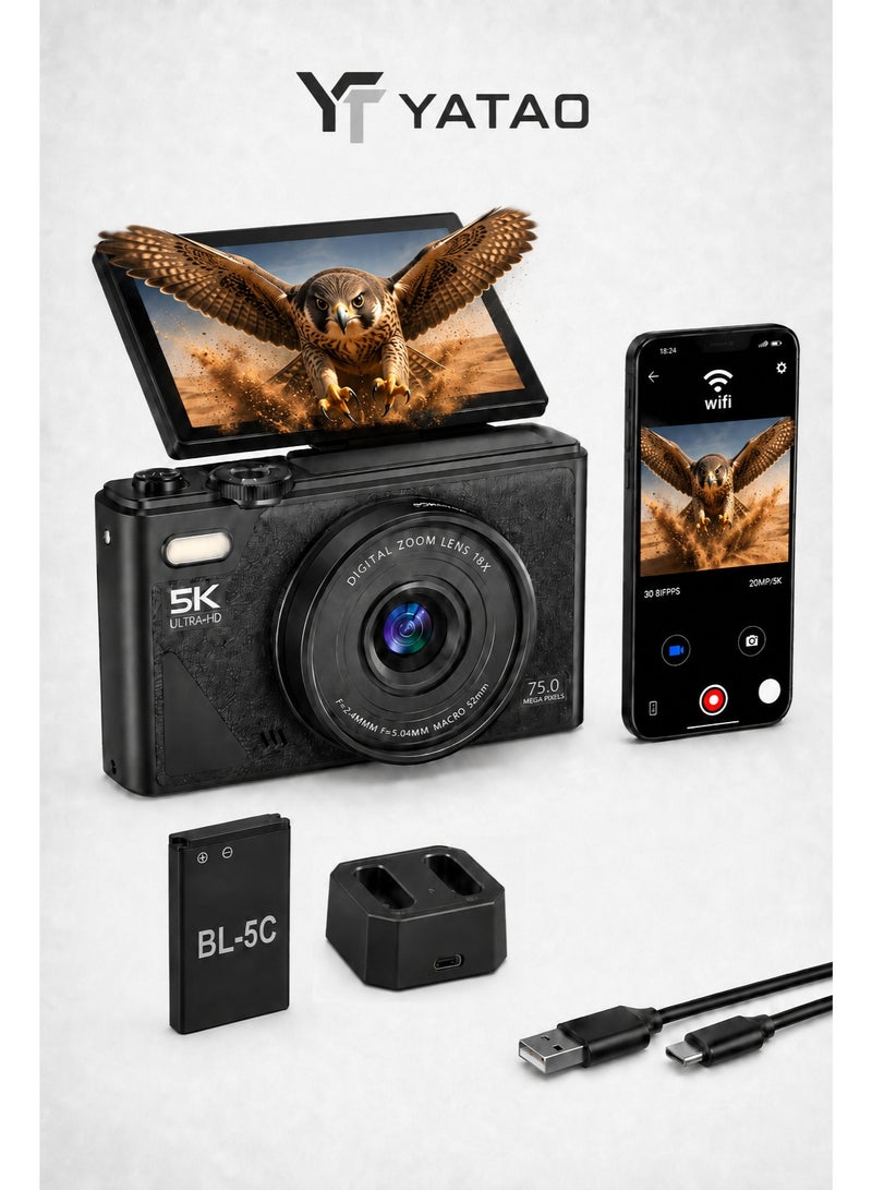 Yatao 5K Digital Camera 75MP with Sony CMOS Sensor, WiFi, EIS Anti-Shake, Autofocus, 3-Inch 180° Flip Screen, 18X Digital Zoom, Point and Shoot Vlogging Camera for Beginners, 1 Battery, Black - Image 1