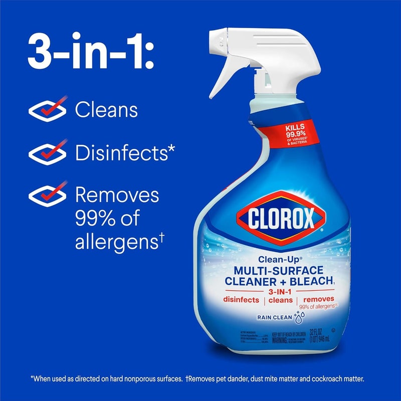 Clorox Clean-Up Multi-Surface Cleaner + Bleach Spray 32oz Rain Clean – Disinfectant Spray Kills 99.9% Germs, Bathroom Kitchen Cleaner, Powerful Stain Remover for Home Surfaces - Image 2