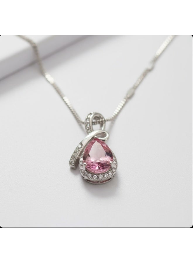 Crystal Jewellery Elegant Pink Teardrop Crystal Pendant Necklace  Sterling Silver Necklace with Pink Gemstone and Diamond Halo  Luxury Teardrop Pink Sapphire Pendant Necklace for Women - Image 1