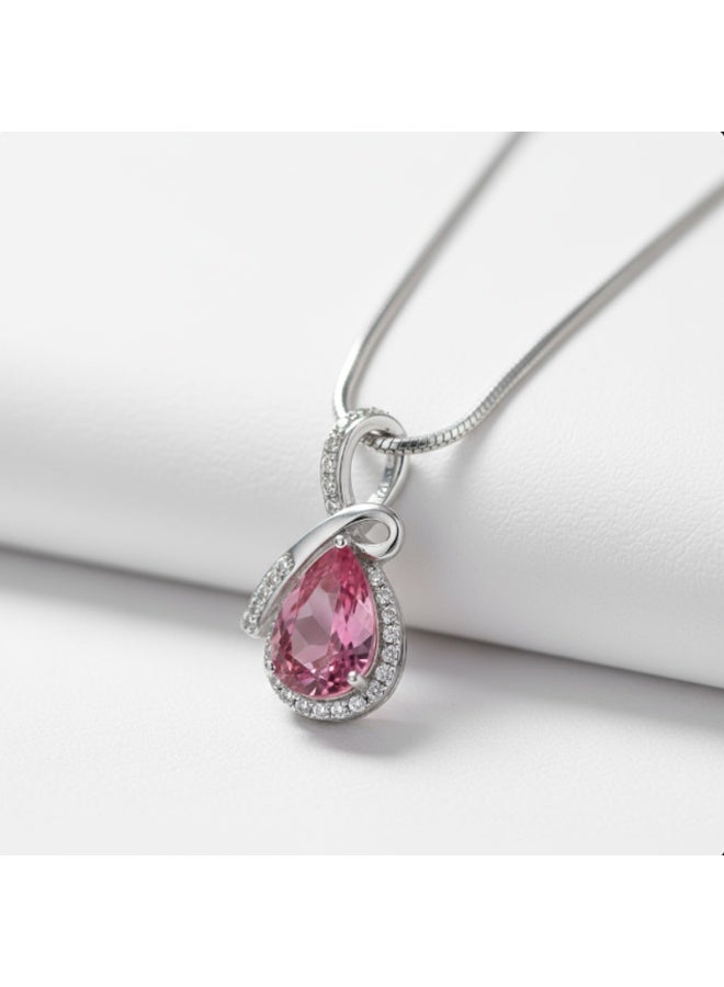 Crystal Jewellery Elegant Pink Teardrop Crystal Pendant Necklace  Sterling Silver Necklace with Pink Gemstone and Diamond Halo  Luxury Teardrop Pink Sapphire Pendant Necklace for Women - Image 2