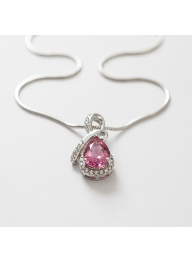 Crystal Jewellery Elegant Pink Teardrop Crystal Pendant Necklace  Sterling Silver Necklace with Pink Gemstone and Diamond Halo  Luxury Teardrop Pink Sapphire Pendant Necklace for Women - Image 5