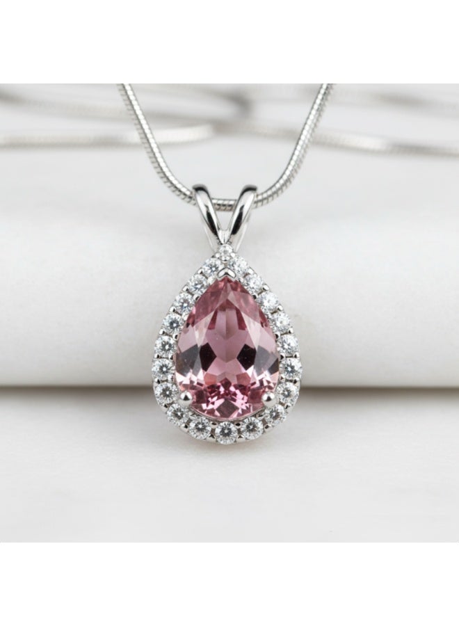 Crystal Jewellery Elegant Pink Teardrop Crystal Pendant Necklace  Sterling Silver Necklace with Pink Gemstone and Diamond Halo  Luxury Teardrop Pink Sapphire Pendant Necklace for Women - Image 4