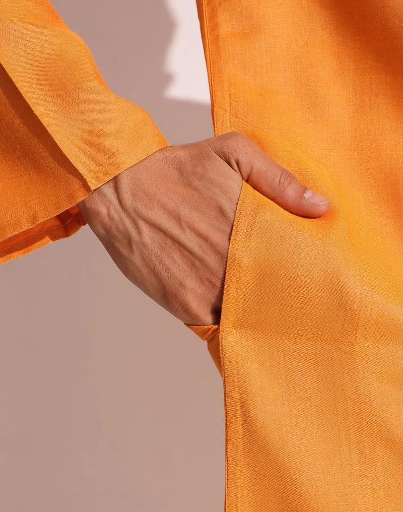 Fabindia  Yellow Viscose Silk Woven Long Kurta for Men | Best Price UAE