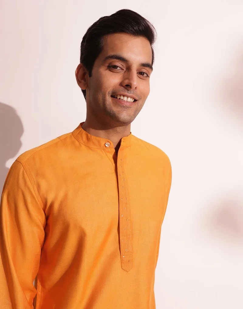 Fabindia  Yellow Viscose Silk Woven Long Kurta for Men | Best Price UAE