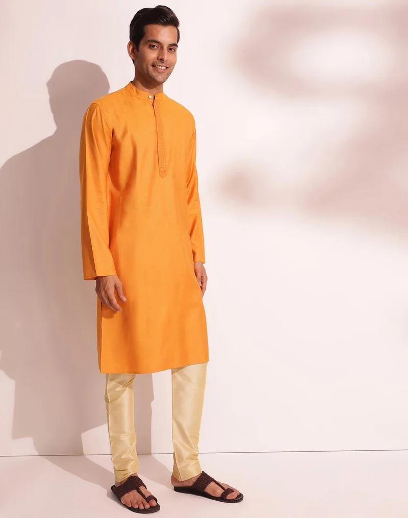 Fabindia  Yellow Viscose Silk Woven Long Kurta for Men | Best Price UAE