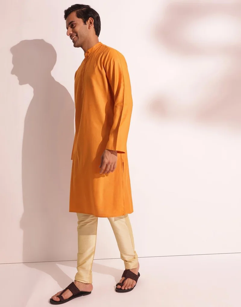 Fabindia  Yellow Viscose Silk Woven Long Kurta for Men | Best Price UAE