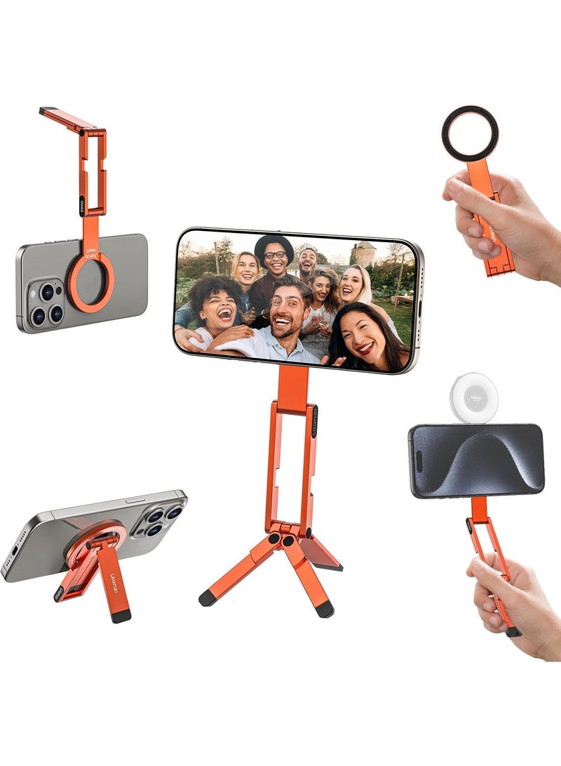 ULANZI MA60 Magnetic Phone Tripod Stand for iPhone - Aluminium Smartphone Mini Tripod Pocket Cell Phone Stand Strong Magnet Quick Mount Compatible with iPhone 16 15 14 13 15 Series, Orange - Image 2