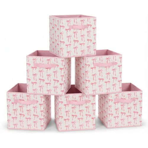 BBSET 6 Pcs Pink Bow Cube Storage Bins 125 Inch Pink Storage Basket with Handle Preppy Girls Organizer Basket Collapsible Fabric Box for Classroom Bedrooms Office Home Decoration Bow - Image 1