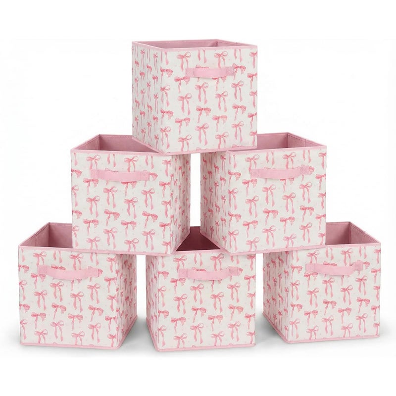BBSET 6 Pcs Pink Bow Cube Storage Bins 125 Inch Pink Storage Basket with Handle Preppy Girls Organizer Basket Collapsible Fabric Box for Classroom Bedrooms Office Home Decoration Bow - Image 2
