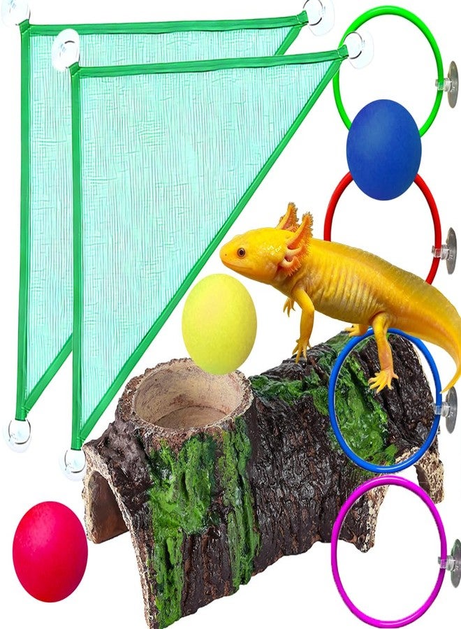 Fejapa 10-Piece Axolotl Habitat Enrichment Set with Hammock, Hideout, Floating Ball, Float Net, Entertain Rings, Nylon Mesh with Suction Cup for Fish Tank Axolotl Hide for Aquarium - Image 1