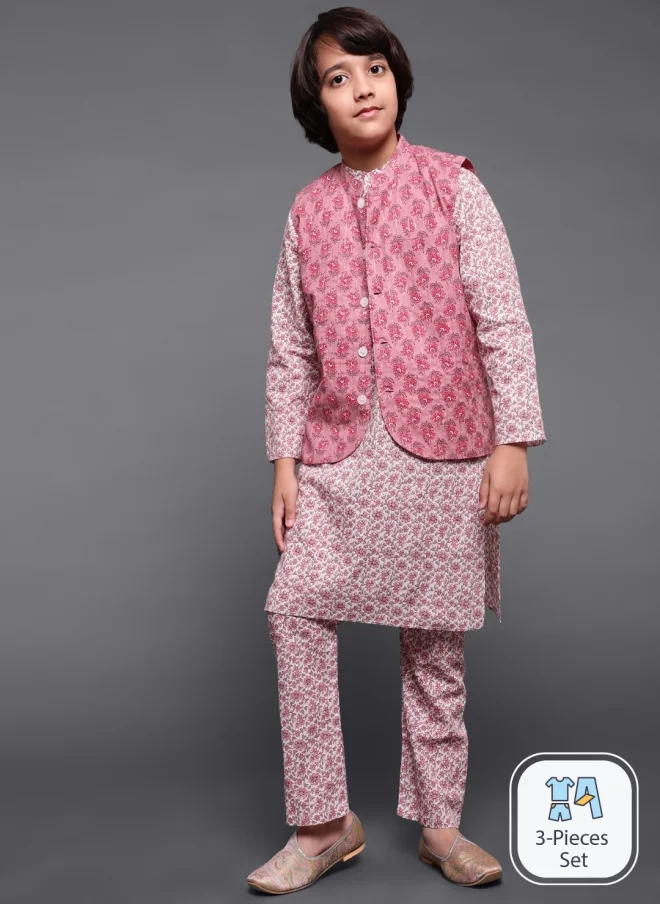 AKS Mauve Floral Printed 3-Piece Kurta Set for Boys