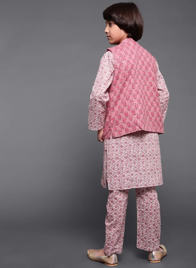 AKS Mauve Floral Printed 3-Piece Kurta Set for Boys