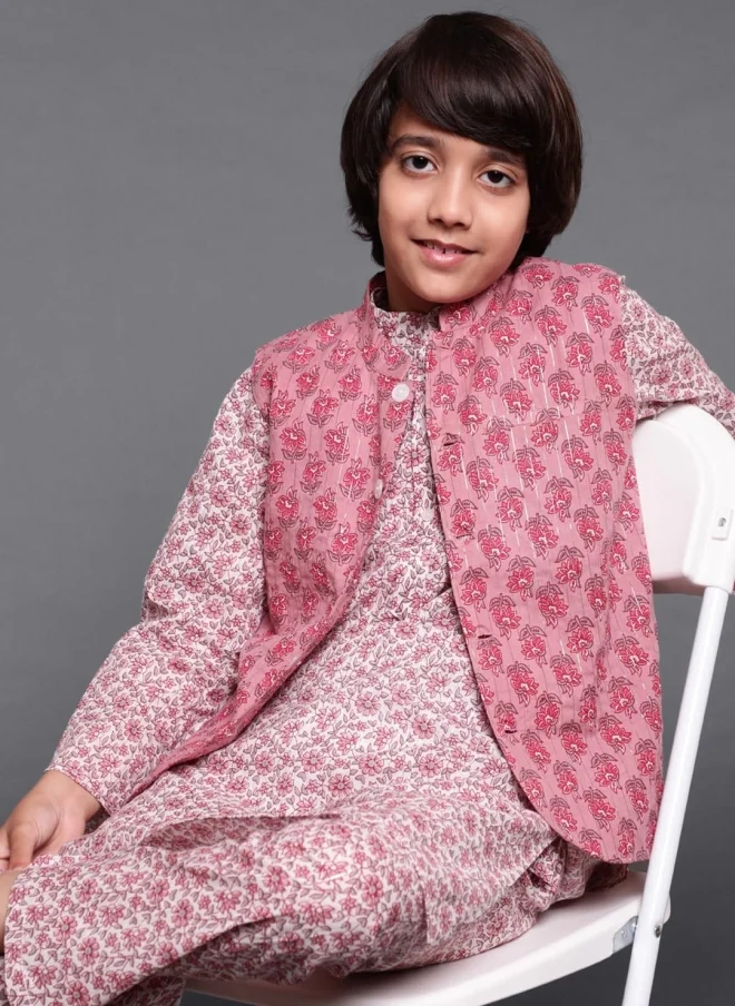 AKS Mauve Floral Printed 3-Piece Kurta Set for Boys